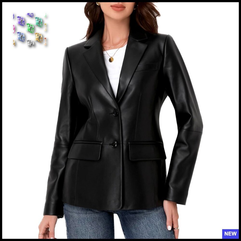 Lambskin Leather Blazer Jacket Notched Lapel Button Front Casual Chic